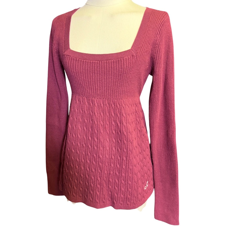 Hollister Cable Knit Sweater Babydoll Med Berry Purple Square Neck Y2Kl